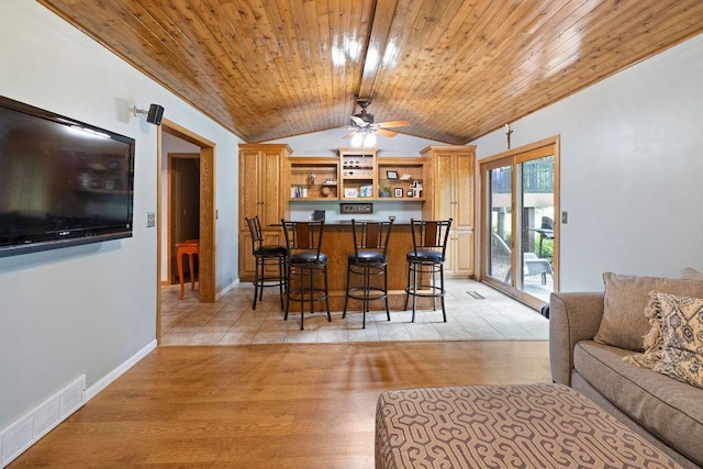1008 3rd St NE, New Prague, MN 56071 - indoor dry bar featuring vaulted ceiling, wooden ceiling, ceiling fan, and light wood finished floors