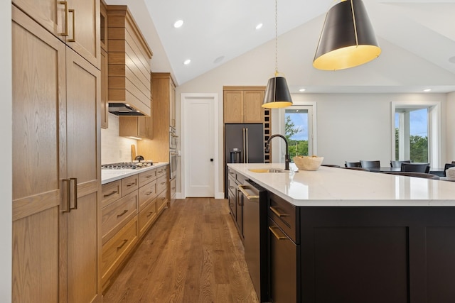 2706 Lakeview Ct, Little Canada, MN 55117 - kitchen with custom exhaust hood, plenty of natural light, a large island with sink, wood finished floors, and recessed lighting