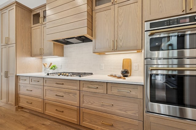 2706 Lakeview Ct, Little Canada, MN 55117 - kitchen featuring stainless steel appliances, premium range hood, tasteful backsplash, and light countertops