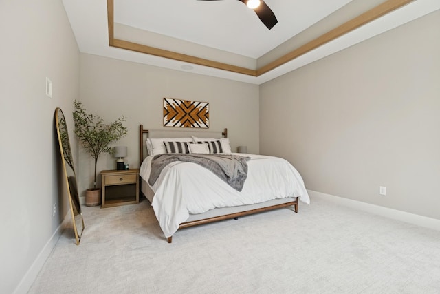 2706 Lakeview Ct, Little Canada, MN 55117 - bedroom featuring light colored carpet, a ceiling fan, and a raised ceiling