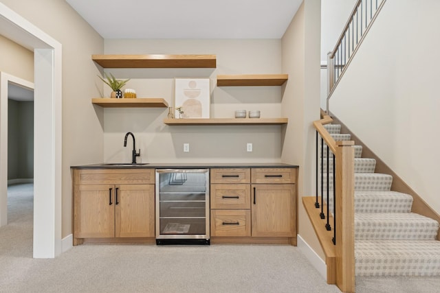 2706 Lakeview Ct, Little Canada, MN 55117 - indoor wet bar with wine cooler, stairs, and light colored carpet