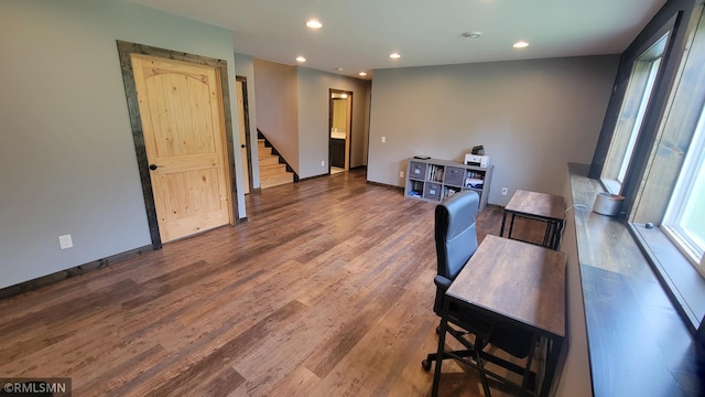 1912 Nelson Lake Rd, Pillager, MN 56473 - dining space with recessed lighting, wood finished floors, and stairway