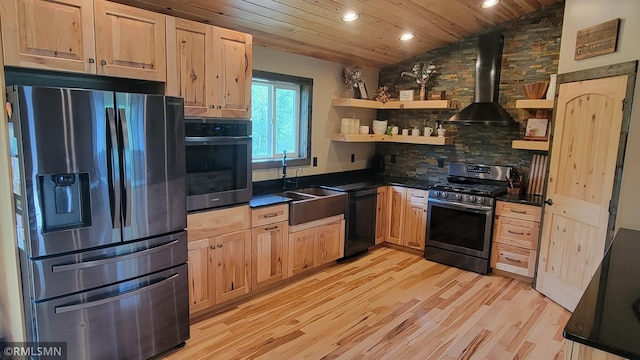 1912 Nelson Lake Rd, Pillager, MN 56473 - kitchen featuring appliances with stainless steel finishes, wall chimney range hood, dark countertops, wood ceiling, and recessed lighting
