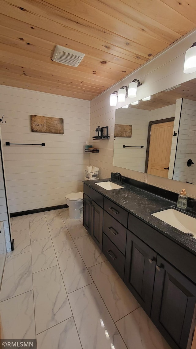 1912 Nelson Lake Rd, Pillager, MN 56473 - full bathroom with wood ceiling, double vanity, marble look tile flooring, and wooden walls