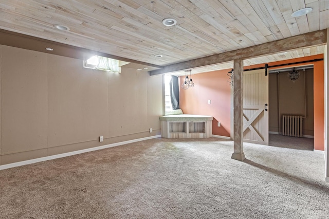 39743 County Road 1, Brockway Twp, MN 56367 - below grade area featuring radiator, a barn door, wood ceiling, and carpet
