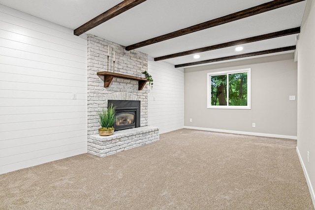 6980 Crest Dr, Maple Grove, MN 55311 - unfurnished living room with a brick fireplace, carpet flooring, beamed ceiling, wooden walls, and recessed lighting