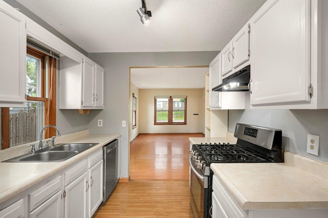 5709 26th Ave S, Minneapolis, MN 55417 - kitchen featuring stainless steel appliances, under cabinet range hood, light wood-style floors, light countertops, and white cabinetry