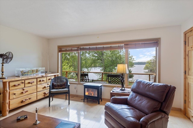 2236 Birch Point Rd Unit A, Tower, MN 55790 - living area featuring light wood-style floors, a wood stove, and a water view