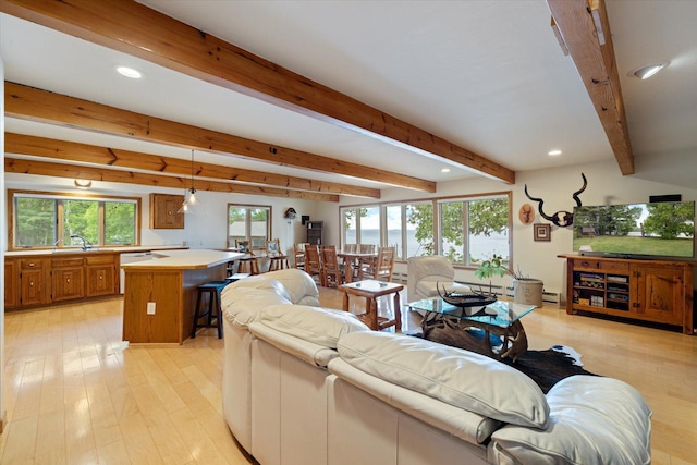 2236 Birch Point Rd Unit A, Tower, MN 55790 - living room with light wood-style flooring, beam ceiling, and recessed lighting