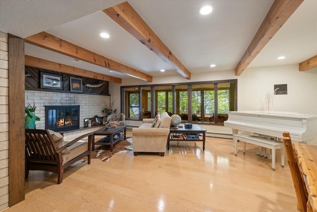 2236 Birch Point Rd Unit A, Tower, MN 55790 - living area featuring light wood-style flooring, recessed lighting, beam ceiling, and a brick fireplace