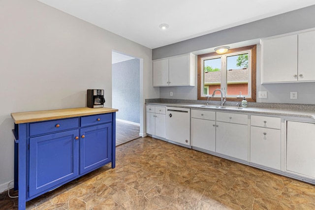 2115 3rd Ave NE, Owatonna, MN 55060 - kitchen with dishwasher, stone finish flooring, blue cabinets, white cabinets, and wooden counters