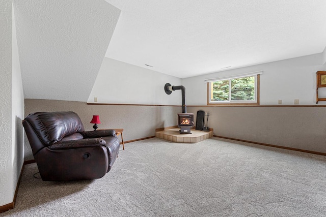 2115 3rd Ave NE, Owatonna, MN 55060 - unfurnished room with a wood stove, carpet flooring, and a textured wall