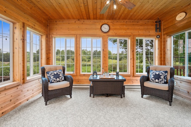 1805 Maple Ln, Saint Cloud, MN 56304 - sunroom / solarium featuring carpet, wood walls, baseboard heating, and wooden ceiling
