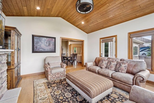 9015 Schutte Ct, Corcoran, MN 55340 - living area featuring lofted ceiling, wooden ceiling, recessed lighting, and light wood-style flooring