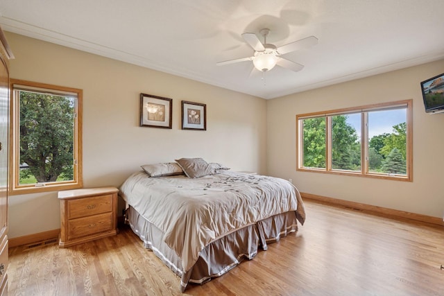 9015 Schutte Ct, Corcoran, MN 55340 - bedroom featuring light wood-style floors, multiple windows, and ceiling fan