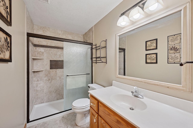 9015 Schutte Ct, Corcoran, MN 55340 - bathroom with a stall shower, vanity, a textured ceiling, and tile patterned flooring