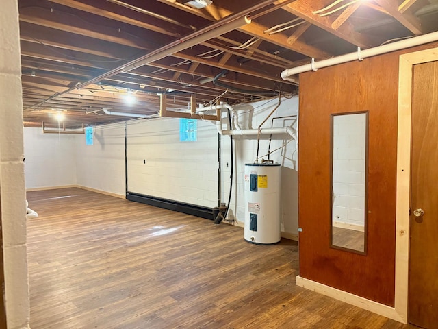 17535 Riverwood Dr, Little Falls, MN 56345 - unfinished basement featuring electric water heater and wood finished floors