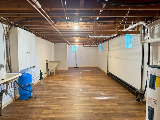 17535 Riverwood Dr, Little Falls, MN 56345 - below grade area featuring a water pressure tank, electric water heater, and wood finished floors