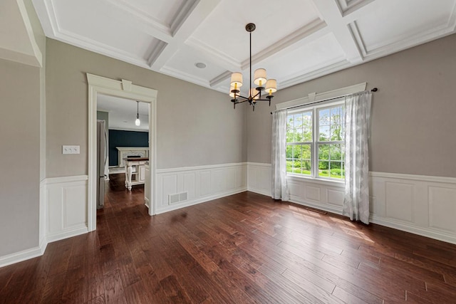 1830 Whitetail Run Pl NE, Owatonna, MN 55060 - unfurnished room with coffered ceiling, a chandelier, hardwood / wood-style floors, beamed ceiling, and wainscoting