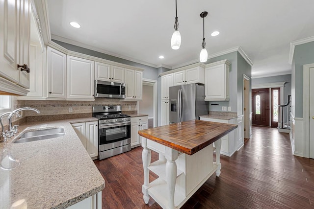 1830 Whitetail Run Pl NE, Owatonna, MN 55060 - kitchen with stainless steel appliances, butcher block counters, open shelves, ornamental molding, and tasteful backsplash