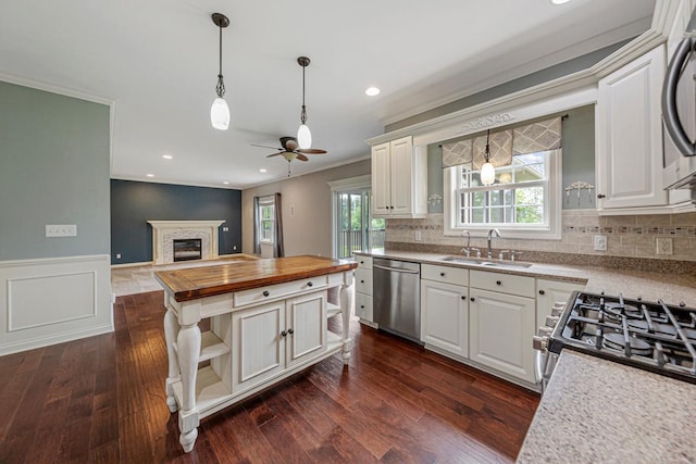 1830 Whitetail Run Pl NE, Owatonna, MN 55060 - kitchen with stainless steel appliances, butcher block countertops, a ceiling fan, a glass covered fireplace, and open shelves