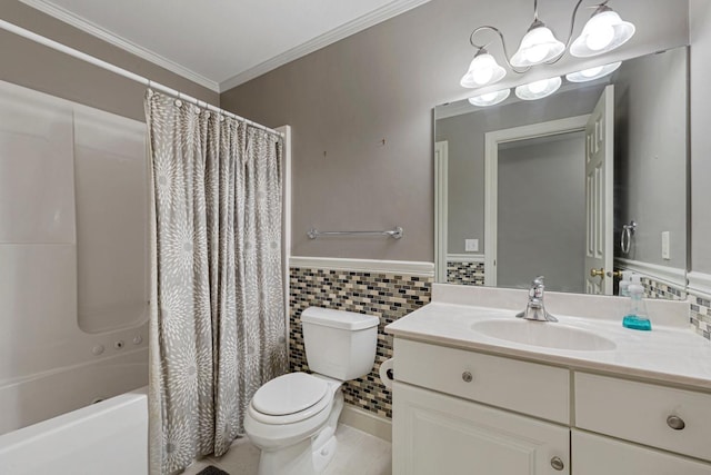 1830 Whitetail Run Pl NE, Owatonna, MN 55060 - bathroom with vanity, tile walls, shower / bath combo, wainscoting, and ornamental molding