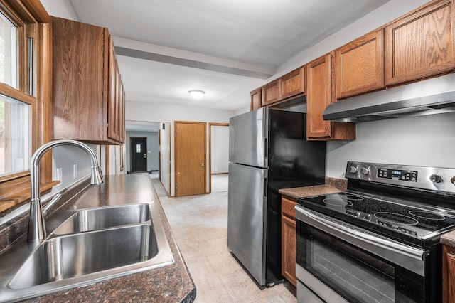 4242 Zane Ave N, Crystal, MN 55422 - kitchen featuring appliances with stainless steel finishes, under cabinet range hood, brown cabinets, and dark countertops