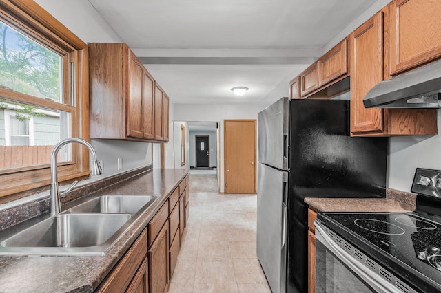 4242 Zane Ave N, Crystal, MN 55422 - kitchen with electric stove, under cabinet range hood, brown cabinetry, and dark countertops
