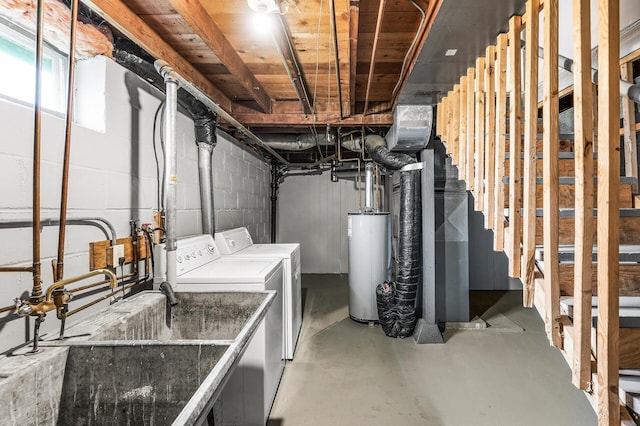 4242 Zane Ave N, Crystal, MN 55422 - basement featuring water heater, washing machine and dryer, and concrete block wall