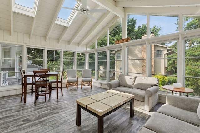 2125 Innsbruck Pkwy, Columbia Heights, MN 55421 - sunroom with a skylight, a ceiling fan, beam ceiling, outdoor lounge area, and wood finished floors