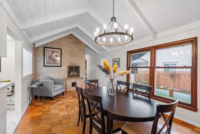 715 Forest Dale Rd, New Brighton, MN 55112 - dining area with a chandelier, healthy amount of natural light, brick wall, a lit fireplace, and wooden ceiling