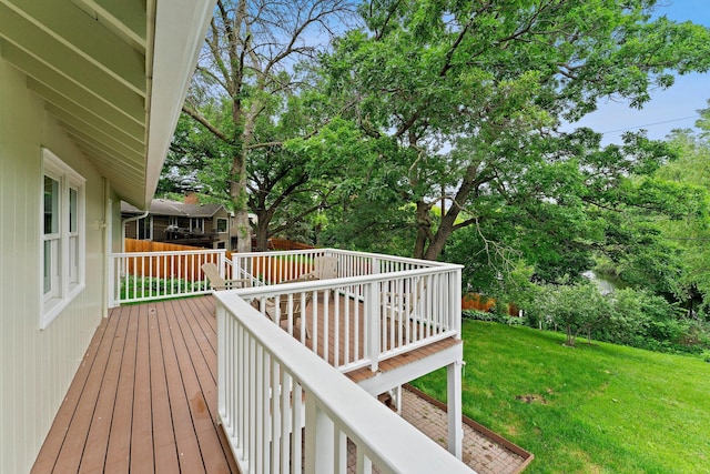 715 Forest Dale Rd, New Brighton, MN 55112 - wooden terrace featuring a lawn and view of wooded area