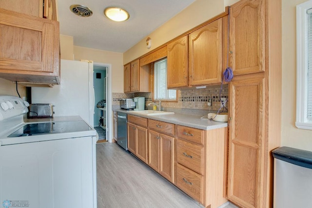 1021 1st St S, Moorhead, MN 56560 - kitchen with electric stove, dishwasher, light countertops, light wood-style floors, and tasteful backsplash