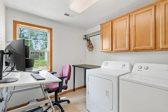 500 Cartway Rd, Champlin, MN 55316 - laundry room featuring cabinet space, independent washer and dryer, light tile patterned flooring, and a desk