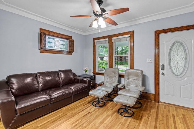 242 Winona St W, West Saint Paul, MN 55118 - living room with a ceiling fan, wood finished floors, and crown molding