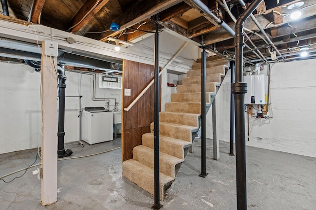 242 Winona St W, West Saint Paul, MN 55118 - unfinished basement with washer / dryer, water heater, and stairway