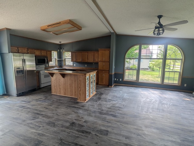 204 6th St W, Carlos, MN 56319 - kitchen featuring stainless steel appliances, a textured ceiling, lofted ceiling, healthy amount of natural light, and dark wood-type flooring
