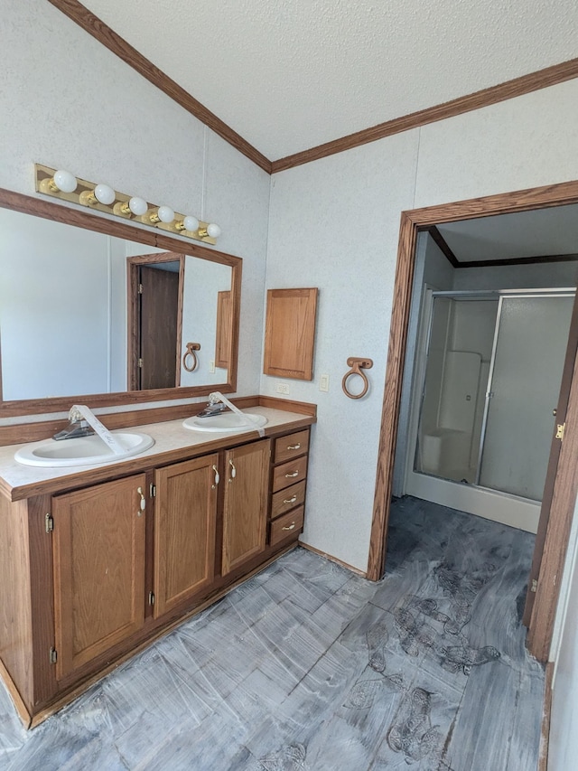 204 6th St W, Carlos, MN 56319 - full bathroom with ornamental molding, double vanity, a shower stall, a textured ceiling, and vaulted ceiling