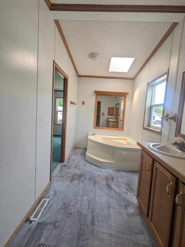 204 6th St W, Carlos, MN 56319 - full bath with ornamental molding, vanity, plenty of natural light, a bath, and a textured ceiling