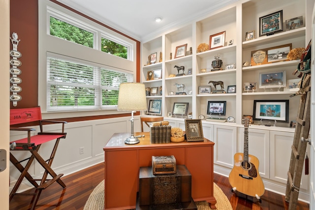 6300 78th Ln, Greenfield, MN 55357 - office area with dark wood-type flooring, built in features, crown molding, and wainscoting