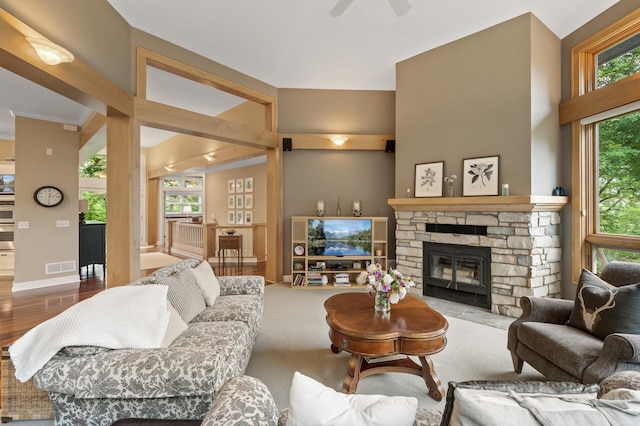 6300 78th Ln, Greenfield, MN 55357 - living area featuring ceiling fan, a fireplace, and wood finished floors