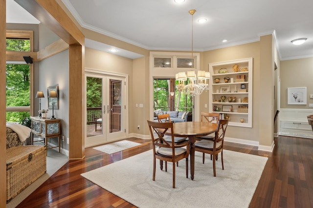 6300 78th Ln, Greenfield, MN 55357 - dining area with french doors, crown molding, dark wood finished floors, recessed lighting, and built in features