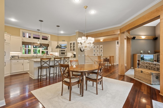 6300 78th Ln, Greenfield, MN 55357 - dining area featuring ornamental molding, dark wood-style flooring, recessed lighting, and a chandelier