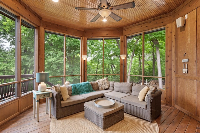 6300 78th Ln, Greenfield, MN 55357 - sunroom / solarium with ceiling fan, wood-type flooring, a deck, an outdoor hangout area, and wooden walls