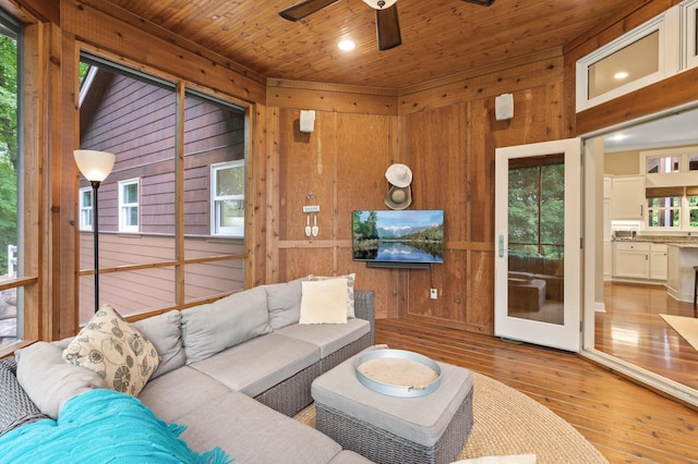 6300 78th Ln, Greenfield, MN 55357 - living area featuring wood walls, hardwood / wood-style flooring, ceiling fan, wooden ceiling, and recessed lighting