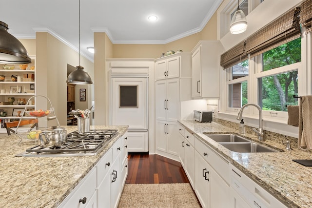 6300 78th Ln, Greenfield, MN 55357 - kitchen with dark wood-style floors, white cabinets, ornamental molding, decorative light fixtures, and light stone counters