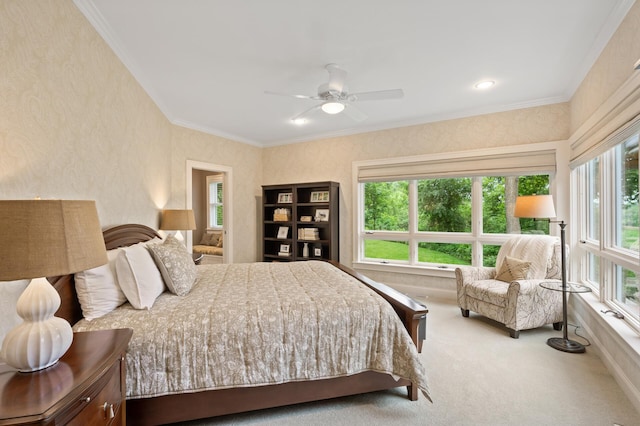 6300 78th Ln, Greenfield, MN 55357 - carpeted bedroom with ornamental molding, a ceiling fan, and connected bathroom