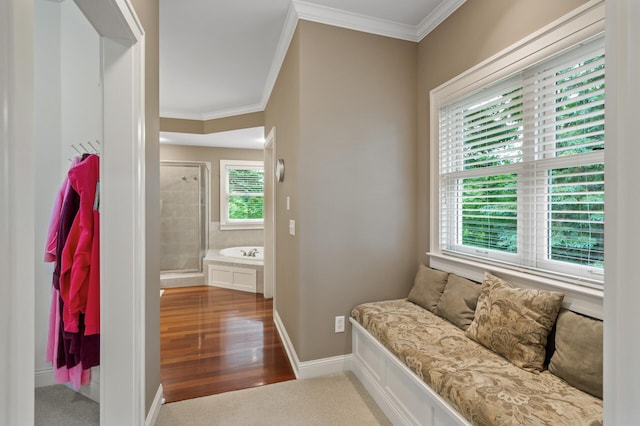 6300 78th Ln, Greenfield, MN 55357 - bathroom with ornamental molding, a shower with door, and a bath