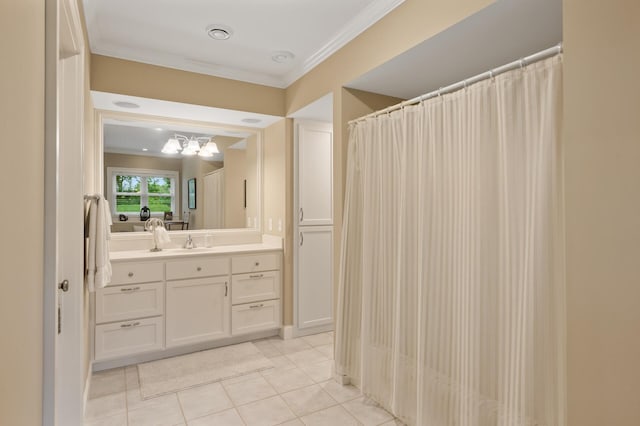 6300 78th Ln, Greenfield, MN 55357 - bathroom featuring crown molding, vanity, tile patterned flooring, a chandelier, and curtained shower