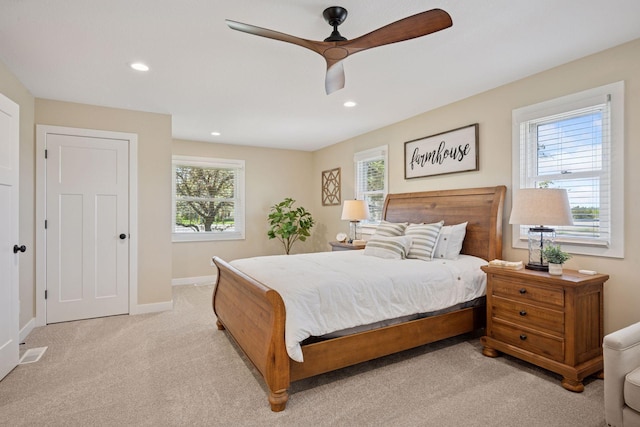 6676 Jason Ave NE, Monticello, MN 55362 - bedroom featuring light colored carpet, recessed lighting, and a ceiling fan